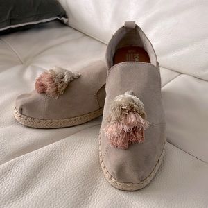 TOMS espadrilles suede tan with dusty rose tassels from Nordstrom’s